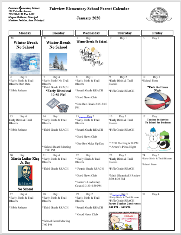 January Family Calendar Fairview Elementary School