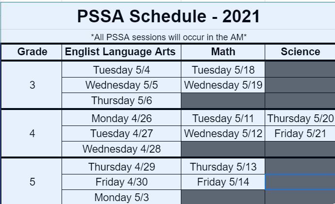 PSSA Date | Hooverville Elementary School