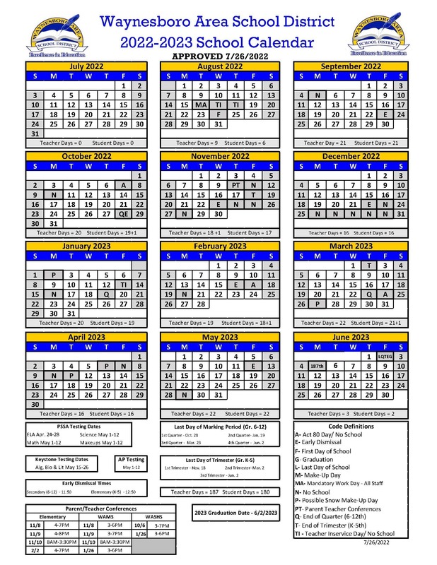 WASD 2022-2023 School Calendar-Approved | Waynesboro Area School District