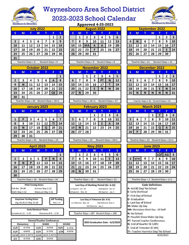 WASD Calendar 2022 2023 Update Waynesboro Area School District